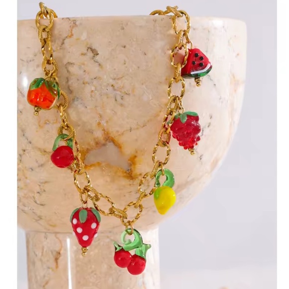 Tutti Frutti Charm 18K Gold Stainless Steel Waterproof Necklace - Picture 3 of 10